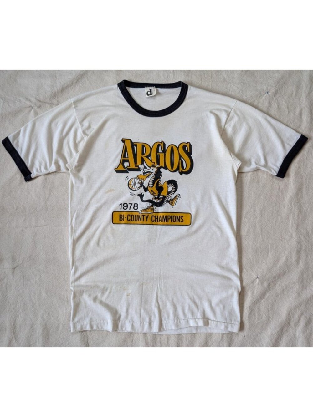 Vintage 70s Paper Thin Ringer Tee Dragon Basketball Graphic Downerwear USA LG - Picture 4 of 12